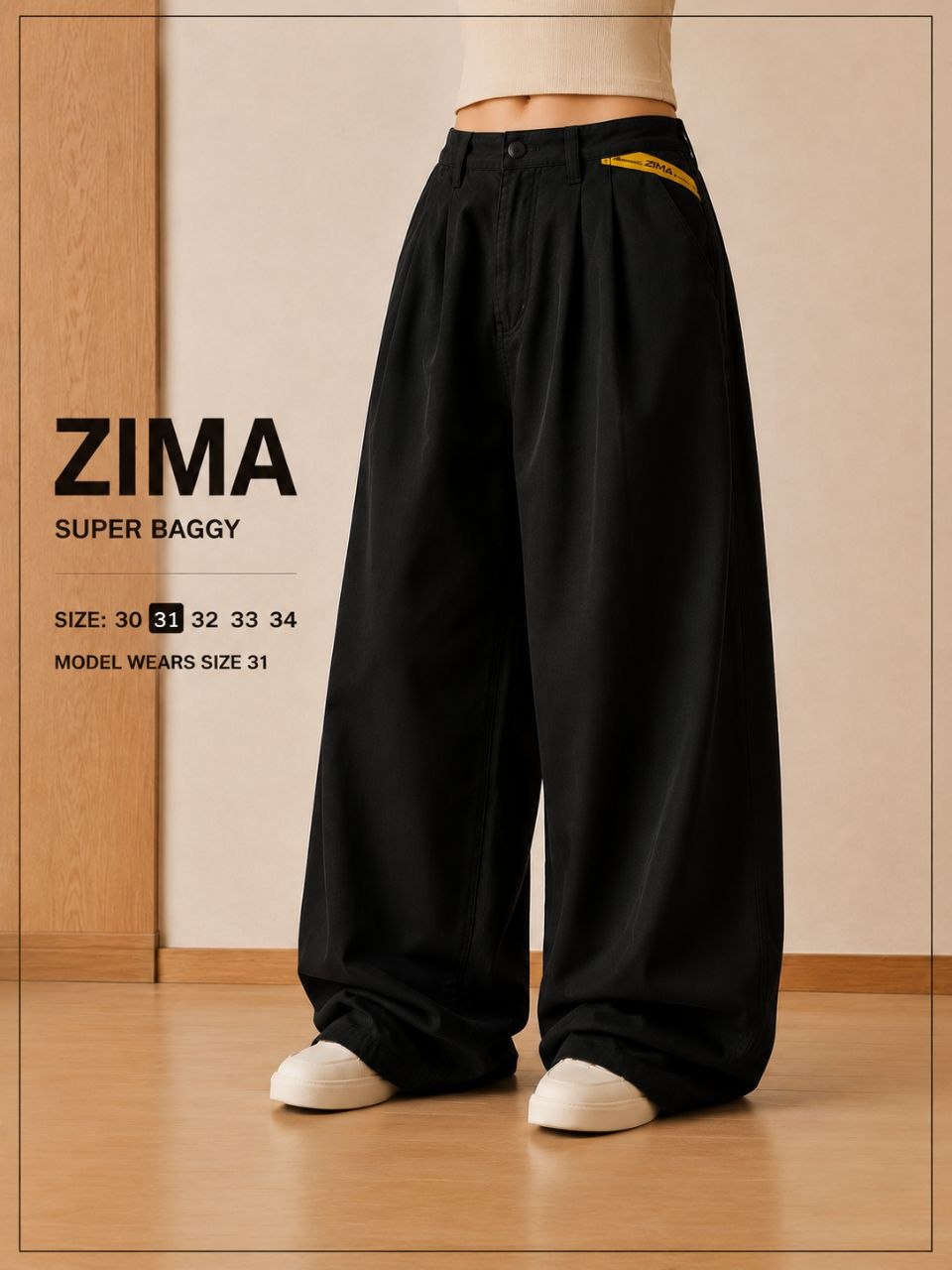 شلوار سیلک سوپر بگ پیلی‌دار کمر سرخود ZIMA | قد ۱۱۰